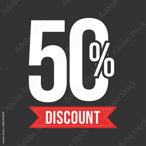 50 percent discount tag with red ribbon banner on dark background, bold fifty percent off promotional label for retail sale and ecommerce shopping events, isolated vector graphic element for marketing