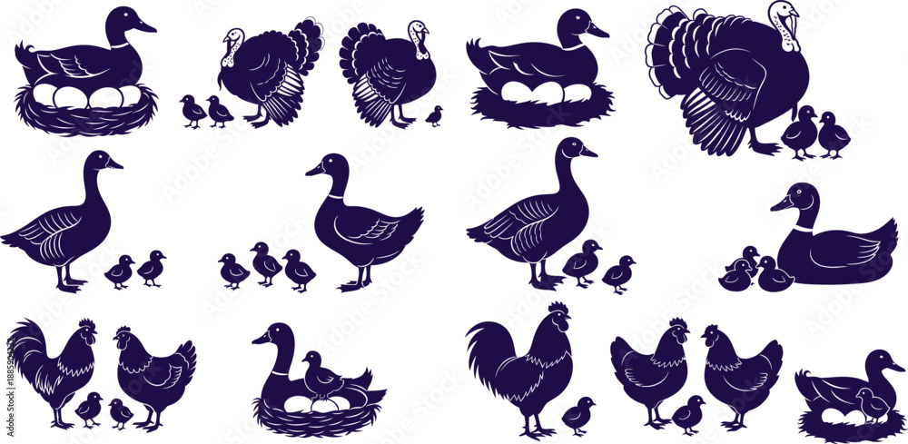 Fototapeta premium Farm animal poultry silhouettes including ducks, turkeys, geese, hens, chicks, and eggs in nests