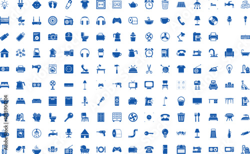 Extensive set of blue vector icons featuring domestic tools, electronics, baby products, and various daily life objects