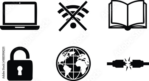 Flat design laptop no wifi book padlock globe and broken cable icons top view isolated black minimalist network security education concept vector set bold stroke