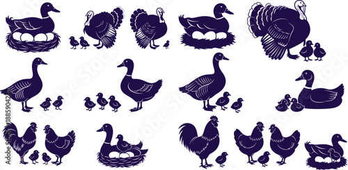 Farm animal poultry silhouettes including ducks, turkeys, geese, hens, chicks, and eggs in nests