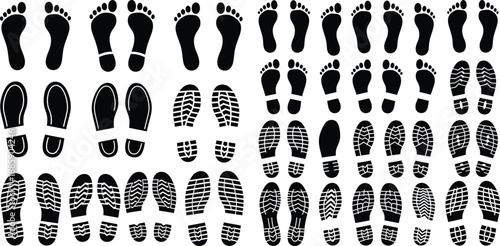 Extensive set of human footprints featuring bare foot impressions and detailed shoe sole patterns in silhouette