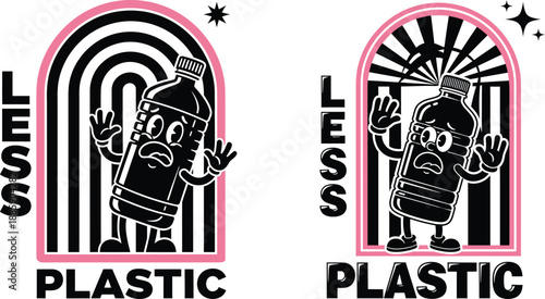 Frightened retro cartoon plastic bottle character within an arch with prominent Less Plastic message
