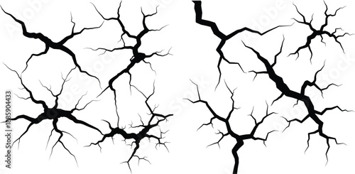 Large widespread intricate ground and wall crack patterns depicting extensive surface damage
