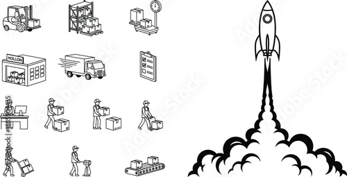 Linear icon set depicting various logistics operations from warehouse storage to rapid package delivery services