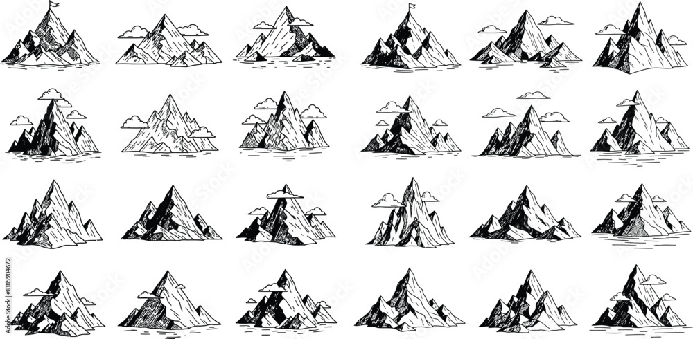 Fototapeta premium Set of hand drawn mountain illustrations with distinct peaks, clouds, and varied base designs