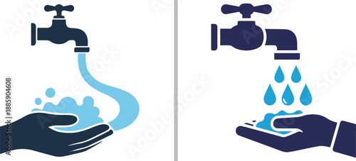 Two professional handwashing icons in navy and light blue, showing hands catching water and soap bubbles from a faucet to emphasize hygiene, health safety, and effective sanitation practices.