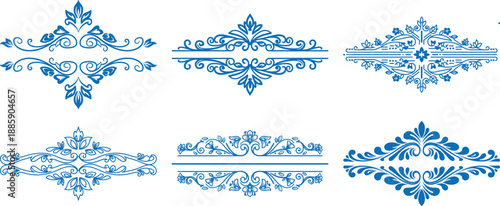 Set of elegant blue floral decorative ornaments with intricate flourishes for page dividers and design elements