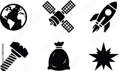Flat design silhouette icons showing earth satellite rocket bolt sack and explosion arranged in grid with bold black shapes on white background center aligned vector set