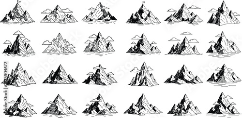 Set of hand drawn mountain illustrations with distinct peaks, clouds, and varied base designs