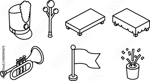 Line art isometric marching band equipment set with drum major hat trumpet flag confetti popper stage risers music stand close up outline simple vector black stroke