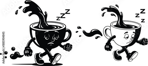 Sleepy cartoon coffee cup character walking with splashing liquid and Zzz for morning energy