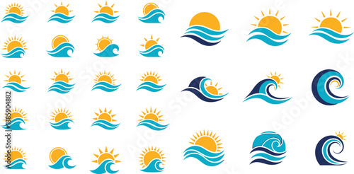 Stylized sun and wave icons depicting ocean scenes with radiant suns and rolling water in modern style