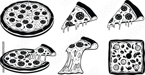Tattoo flash black and white pizza set showing whole pie and individual dripping slices with melted cheese pull close up angled view on white background minimal