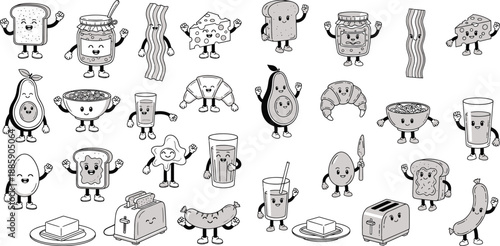 Whimsical breakfast food characters with happy expressions rendered in a playful monochrome outline style