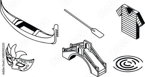 Isometric line art vector venetian gondola with ornate masquerade mask striped shirt and oar above small arched bridge and water ripples minimalist illustration