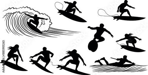 Collection of surfers riding waves in various poses and styles