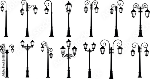 Collection of various street lamp illustrations