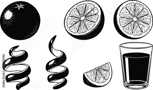 Vintage engraving style close up citrus orange halves peel spiral wedge and glass of juice hand drawn top view detailed line art isolated vector elements set