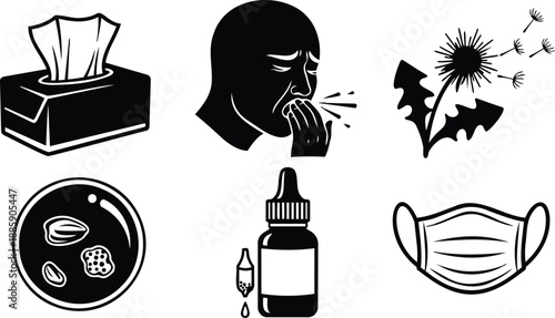 Flat design allergy icon set showing tissue box person coughing dandelion releasing pollen petri dish with allergens nasal drops and medical mask silhouettes black vector closeup