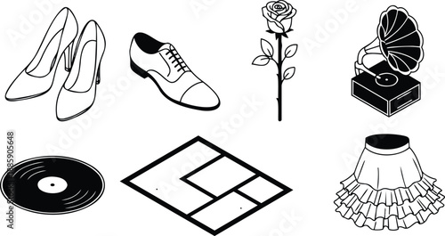 Line art vector set vintage dance and music icons showing high heel shoe mens oxford single rose gramophone vinyl record ruffled skirt parquet floor top view