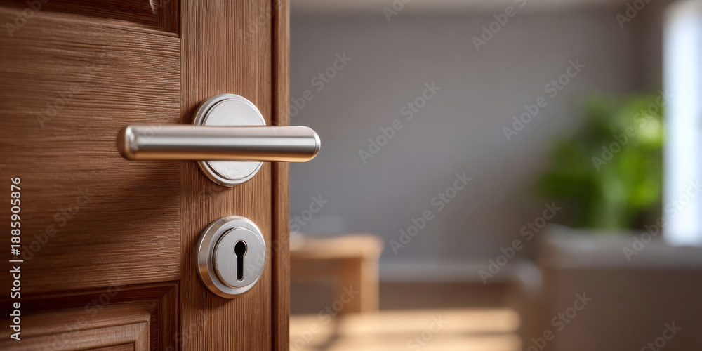 Obraz premium Close-up of modern silver door handle and keyhole on wooden door with blurred interior background and natural light