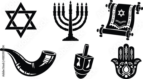 Flat vector icon collection of star of david menorah torah scroll shofar dreidel and hamsa hand arranged in bold black silhouette style close up top view