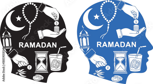 Ramadan themes illustrated inside human head silhouette in black and blue