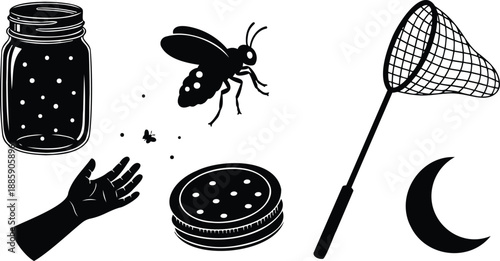 Minimalist silhouette vector set showing mason jar firefly net hand releasing insect close up top view camping night scene with simple flat design monochrome illustration