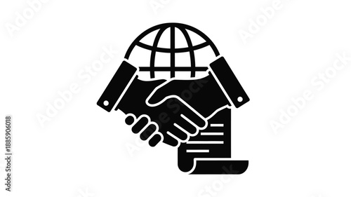 hands shaking over a globe symbol representing partnership agreement and collaboration silhouette