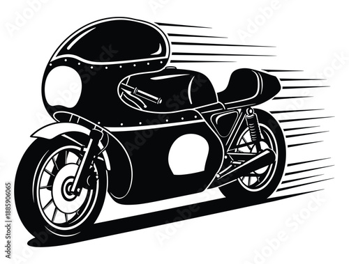 Vintage cafe racer motorcycle illustration in black and white with motion blur effect