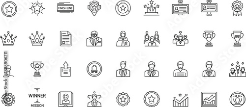 Achievement icons, leadership symbols, business success, teamwork illustration, corporate recognition, trophy award, crown victory, podium winner, mission goal, performance chart, star badge