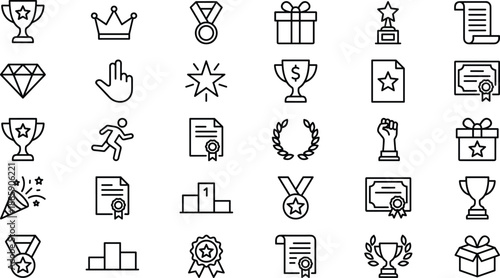 Achievement icons, award symbols, trophy vector, medal silhouette, crown illustration, certificate design, celebration elements, success graphics, gamification UI, recognition set