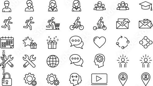 Activity icons, communication tools, education symbols, user avatars, global network, calendar, gear, heart, location pin, idea, interface design