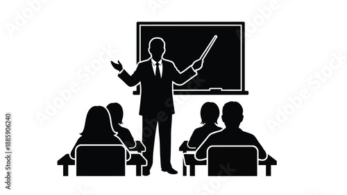 a teacher giving a lecture to students black and white illustration silhouette