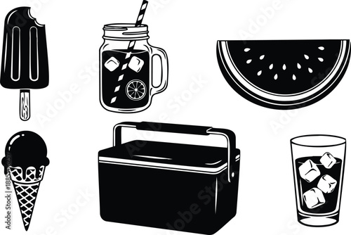 Flat design close up picnic cooler with mason jar lemon drink and ice glass watermelon slice popsicle and cone view minimal black and white summer icons