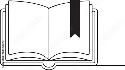 An open book with a bookmark lies flat on a surface viewed from directly above.