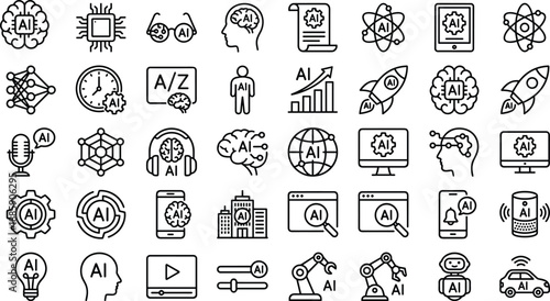 Artificial intelligence icons, AI technology, machine learning, robotics, neural networks, smart devices, automation, innovation, data science, future tech, digital intelligence