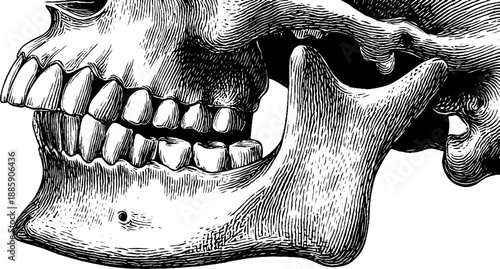 Vintage engraving of human jaw bone anatomy study with botanical elements