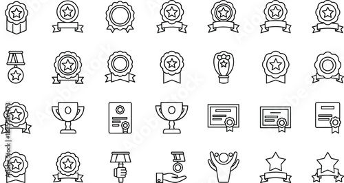 Award icons, trophy symbols, medal graphics, certificate badge, ribbon star, recognition icons, achievement celebration, success reward, excellence honor, accomplishment