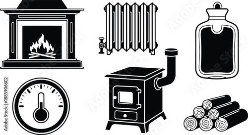 Flat design close up heating icon set fireplace wood stove radiator thermometer hot water bottle stacked logs vintage stove side view black silhouette