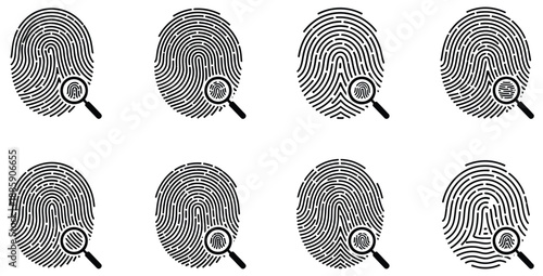 Set of eight unique black and white fingerprint icons magnified by a small handheld magnifying glass representing security analysis and identification concepts