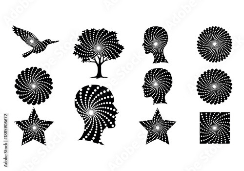 Collection of stylized black and white nature inspired icons