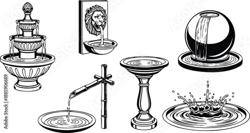 Line art vintage fountain set close up classical garden wall lion spout tiered ornate bowl birdbath bamboo spout pouring water splash round orb pedestal basin vector