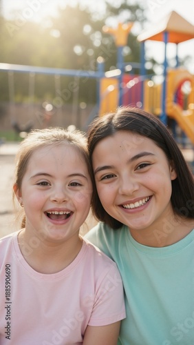 Happy girl with Down syndrome and her friend smiling together at playground. Vertical portrait of inclusive childhood friendship. Diversity and special needs acceptance concept