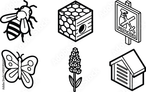 Isometric line art set of bee butterfly hive honeycomb lavender pesticide sign and bee house icons in black outline on white background simple minimalist vector design