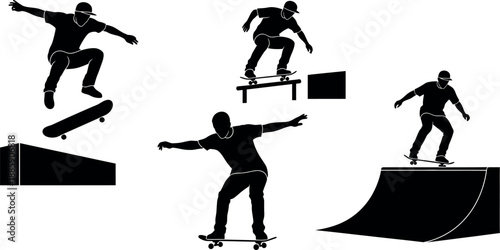 Silhouette skateboarders in action on ramps