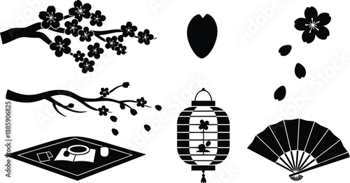 Silhouette vector cherry blossom branch with lantern hand fan and picnic mat seen from above with falling petals simple black on white minimal japanese inspired composition