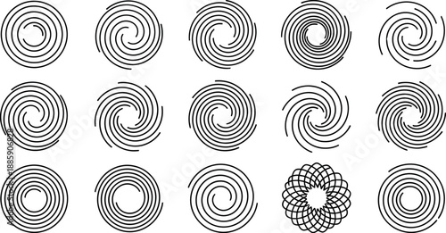 Collection of 12 spiral patterns with concentric circles