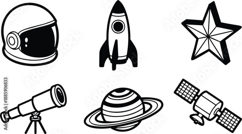 Line art vector icon set of astronaut helmet rocket star telescope planet with rings and satellite simple black stroke flat minimal outline collection for education materials